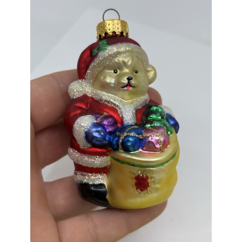 Old Time Blown Glass Ornament Santa Bear w/Sack of Toys